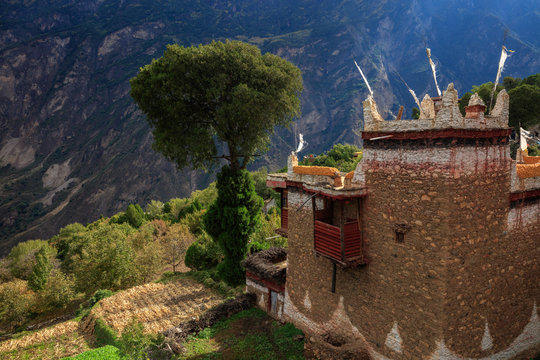 Danba County, Sichuan Province China. Zhonglu Township, Architectural Style of Jiuaju Ancient Tibetan Village. Traditional Tibetan buildings, Suopo towers, beautiful Chinese countryside. Wild West