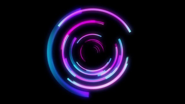 Glowing circular 3D UI element. Illuminated geometric circle and sphere shapes transforming in a seamless loop.