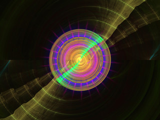 Abstract Background Image, Graphic Illustration Artistic Resource, Lines and Symmetrical Patterns, Glowing Neon Colors. Colorful Repeating Circular Disc Shaped Patterns, Modern Fractal Digital Art.