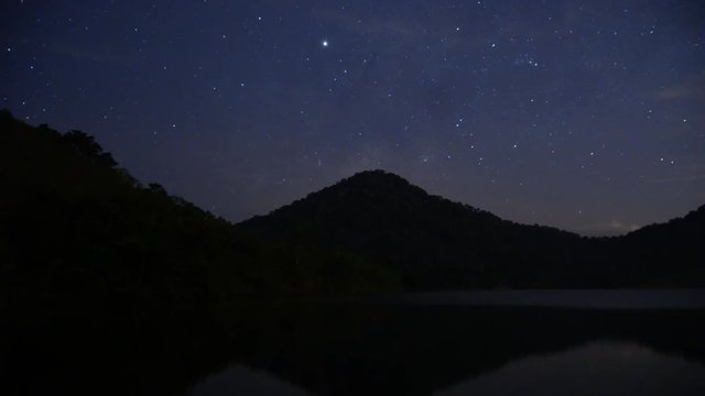 Beautiful nature time lapse, milky way stargazing with cloudy and hazy weather at Boh Tea plantation, Cameron Highlands, hill and a tree as foreground. 