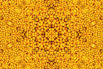Abstract fractal kaleidoscope yellow tomato background.Group of fresh tomatoes.