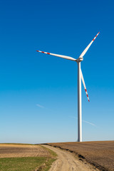 Field with windmills for electric power. Clean energy produced by the wind. Extraction of energy from the air