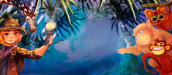 Adventure girl on jungle park. illustration for children