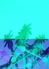 Fototapeta na wymiar Plastic sticks on a colorful background, shadows, hard light, toning. Selective focus, top view.