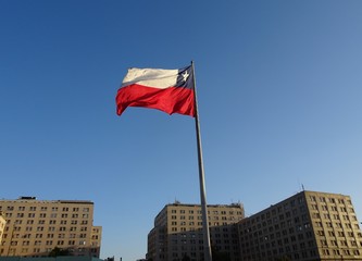 Palacio de la Moneda in Chile with its great national flag.
