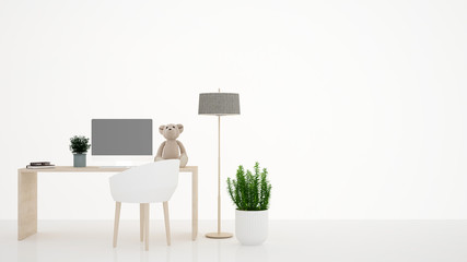 Workplace in study room or kid room. Teddy bear on working table and empty space for add message in the white room. 3D Illustration for Work space.