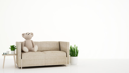 Teddy bear on sofa in the living room or kid room and empty space for add message in the white room. 3D Illustration for artwork.