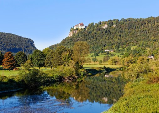 Werenwag Castle overlooking the Danube, Beuron, Upper Danube Nature Park, Swabian Jura, Baden-Wurttemberg, Germany, Europe