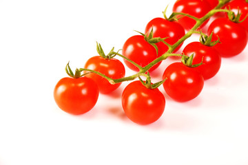 Ripe fresh Juicy organic cherry tomatoes closeup on branch isolated on a white background.