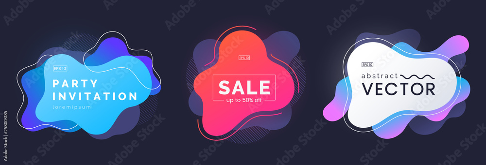 Poster abstract colorful liquid badges set isolated on dark background. geometric banners with layered effe