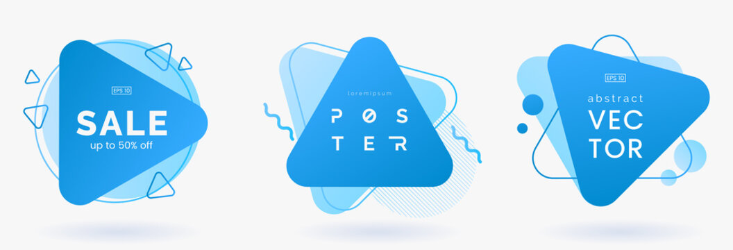 Set of abstract triangle banners with decorative elements. Blue badges collection. Abstract geometric shapes. Dynamic composition. Use for advertising, science poster, price tags. Vector eps 10. - Powered by Adobe