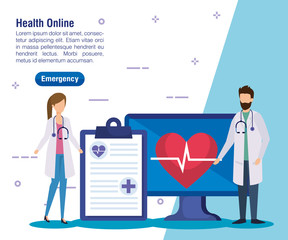 woman and man doctors with check list and computer