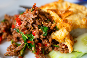 Sweet basil fried rice with minced pork, omelette
