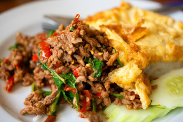 Sweet basil fried rice with minced pork, omelette