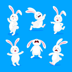 Set of  white rabbits in different pose and expression. Happy Easter day, cartoon character design. Vector illustration isolated on blue background.