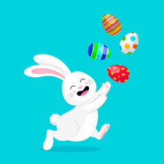 Cute white rabbit with Easter eggs. Cartoon character design. Easter holiday concept. Vector illustration isolated on blue background.