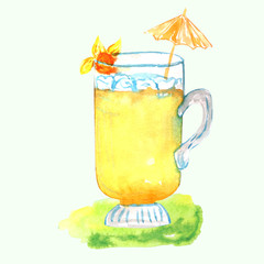 lemonade in a glass cup with ice, Physalis and an umbrella. watercolor illustration for menu design, decoration.