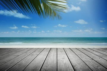 Beach background with palm tree and empty wooden, Summer.
