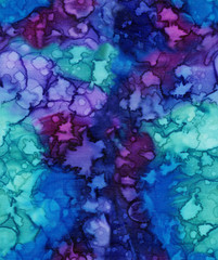 Fototapeta na wymiar Blue and purple abstract hand painted silk fabric with irregular spots and dots
