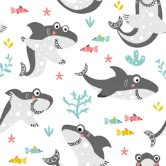 Tapeten Nahtloser Hintergrund mit Hai für Kinder © rosypatterns