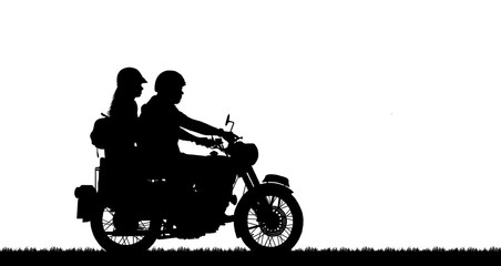 Fototapeta premium silhouette lover couple ride classic motorcycle on white background