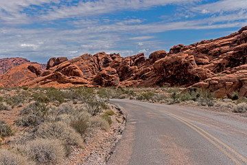 Small narrow road leading into The Valley of Fire State Park.