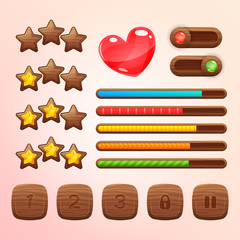 Cartoon wooden game assets, kit for game ui development, vector gui elements in wooden frame. Set of different elements for game: progress bar, slider, stars, levels, pause.