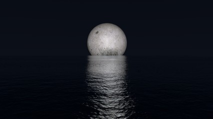 3d rendering moon with flares on water