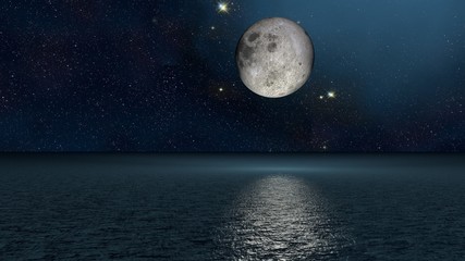 3d rendering moon with flares on water