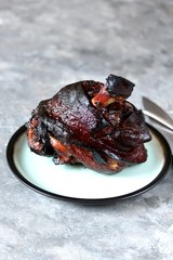 pork knuckle baked ham. copy space. keto diet, food rich in fats and proteins