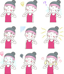 Illustration of a older cute woman with rough skin set