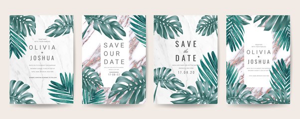 Wedding invitation cards with marble texture background,Gold geometric Shape line and Tropical Leaves design vector collection.