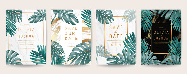 Wedding invitation cards with marble texture background,Gold geometric Shape line and Tropical Leaves design vector collection.