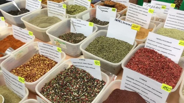 Spices and herbs spice at market. Different kind of papper.