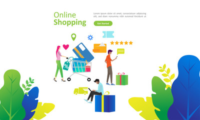 Plakat Online Shopping and Business concept for e-Commerce with shopping people activities. Suitable for web landing page, ui, mobile app, banner template. Vector Illustration