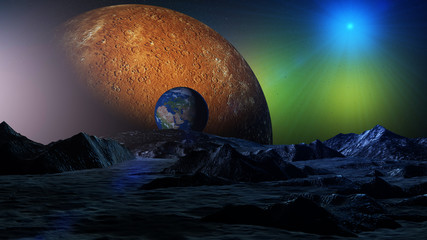 3d rendering planet earth and mars on moon ground