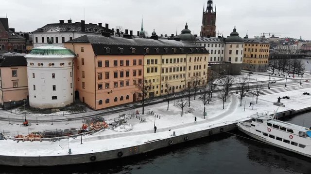 Stockholm from air in winter. Riddarholmskyrkan, Birger Jarls Torn, Gamla Stan area.