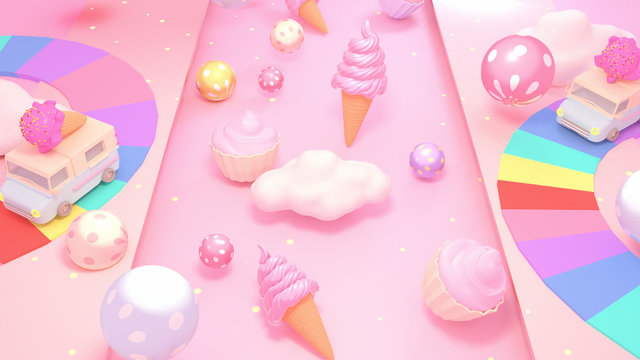 Cute sweet candy world with ice cream trucks driving on rainbow roads. 3d rendering picture.