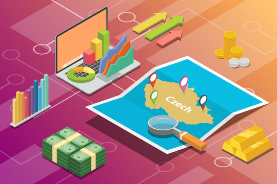 czech isometric business economy growth country with map and finance condition - vector