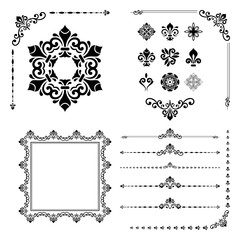 Vintage set of vector horizontal, square and round elements. Black and white elements for backgrounds, frames and monograms. Classic patterns. Set of vintage patterns