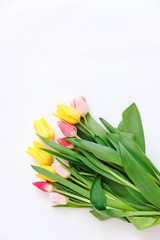 Bouquet of colored tulips on a white background. Spring flowers