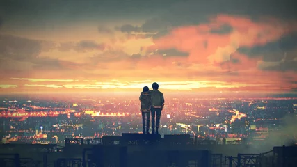 Papier Peint photo Grand échec jeune couple debout sur le toit en regardant la ville au coucher du soleil, style art numérique, peinture d& 39 illustration