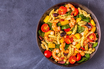Fusili pasta salad with shrimps.