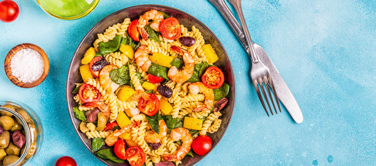 Fusili pasta salad with shrimps.