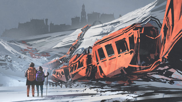 two hikers walking through a train wrecked in snow mountain, digital art style, illustration painting