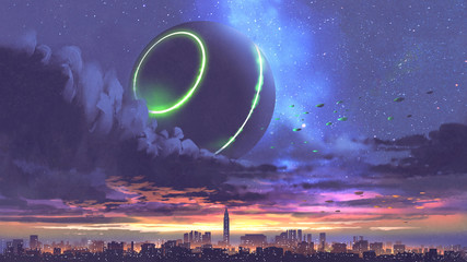 unidentified flying object coming out of black clouds above the city with skyscrapers, digital art style, illustration painting © grandfailure
