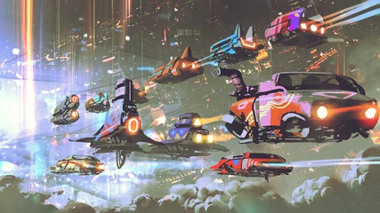 Türaufkleber fliegender Autoverkehr in der futuristischen Welt, digitaler Kunststil, Illustrationsmalerei © grandfailure
