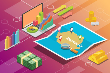 romania isometric business economy growth country with map and finance condition - vector