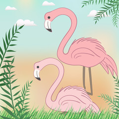 Cute Flamingo in nature animal cartoon bird card illustration