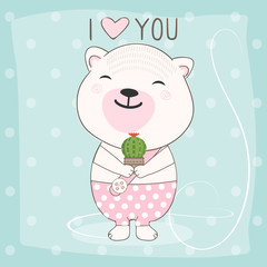 Cute baby teddy bear holding cactus animal cartoon illustration